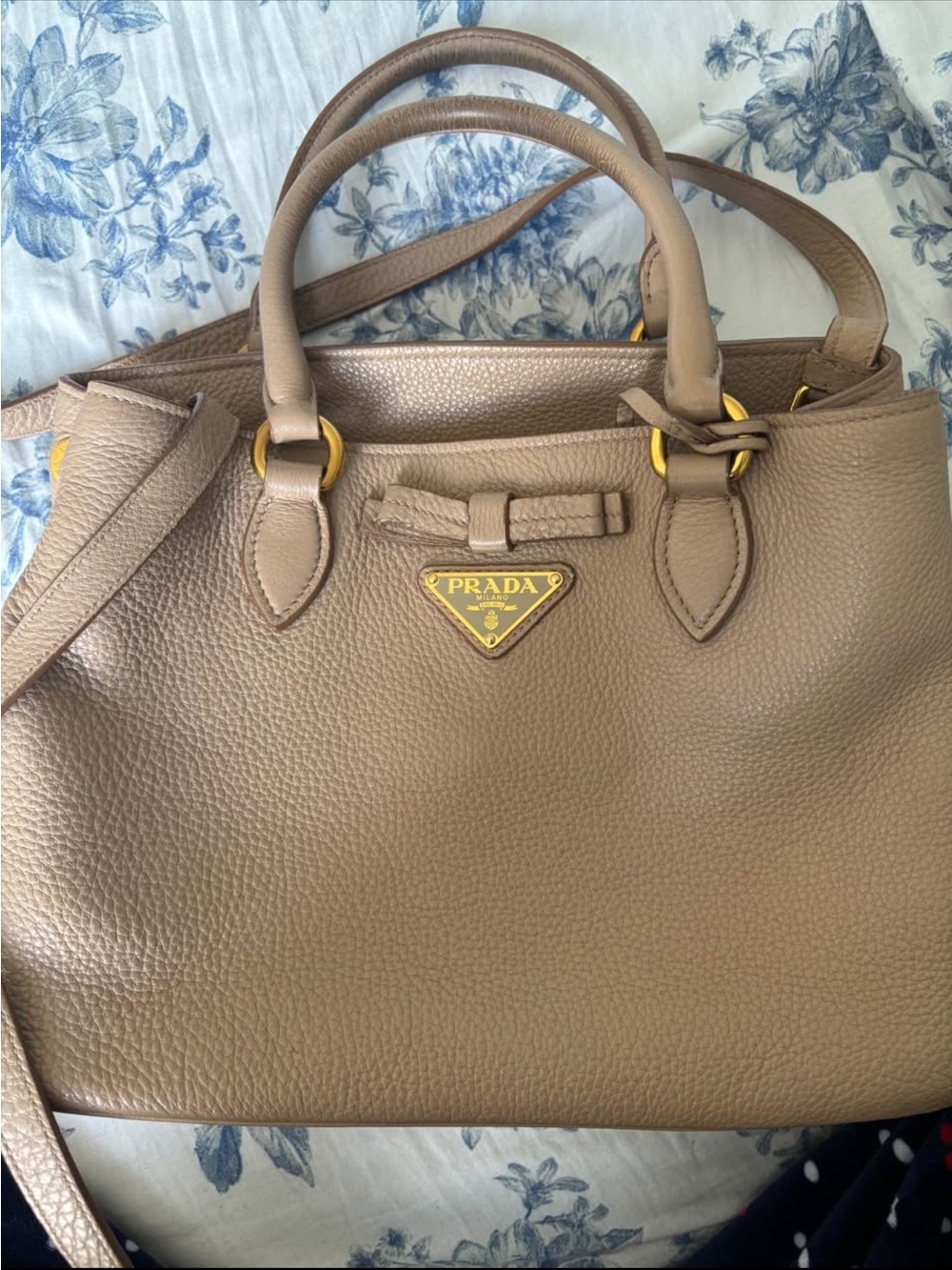 Prada Pebbled Leather Tote in Taupe with Gold Hardware